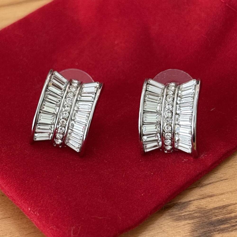 Nolan Miller Silver Tone Crystal Baguette Half Hoop Earrings Pierced Bling Fancy